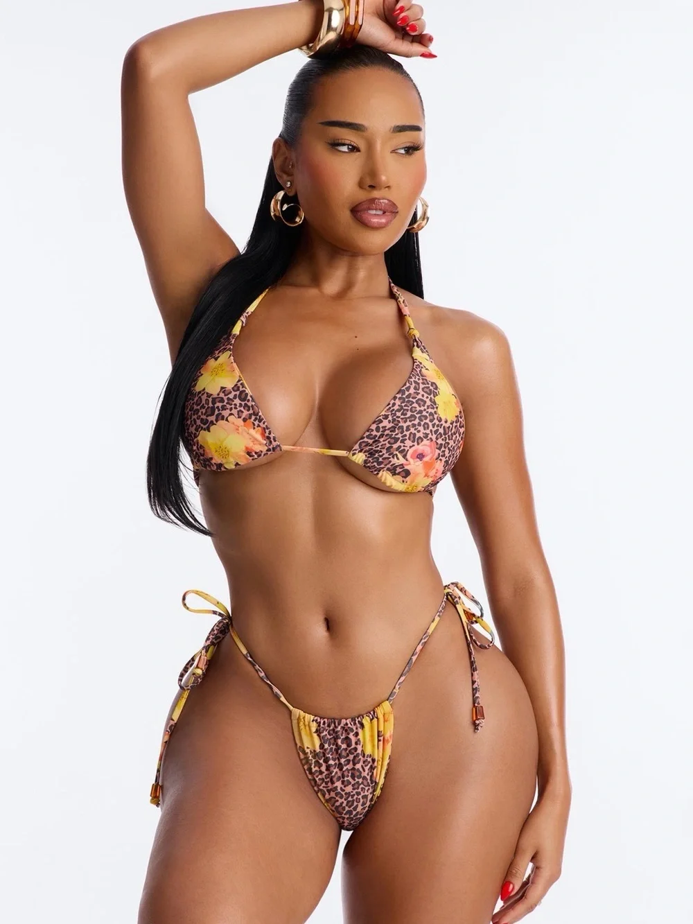 Yellow Floral Leopard Print Tie-Side Triangle Bikini